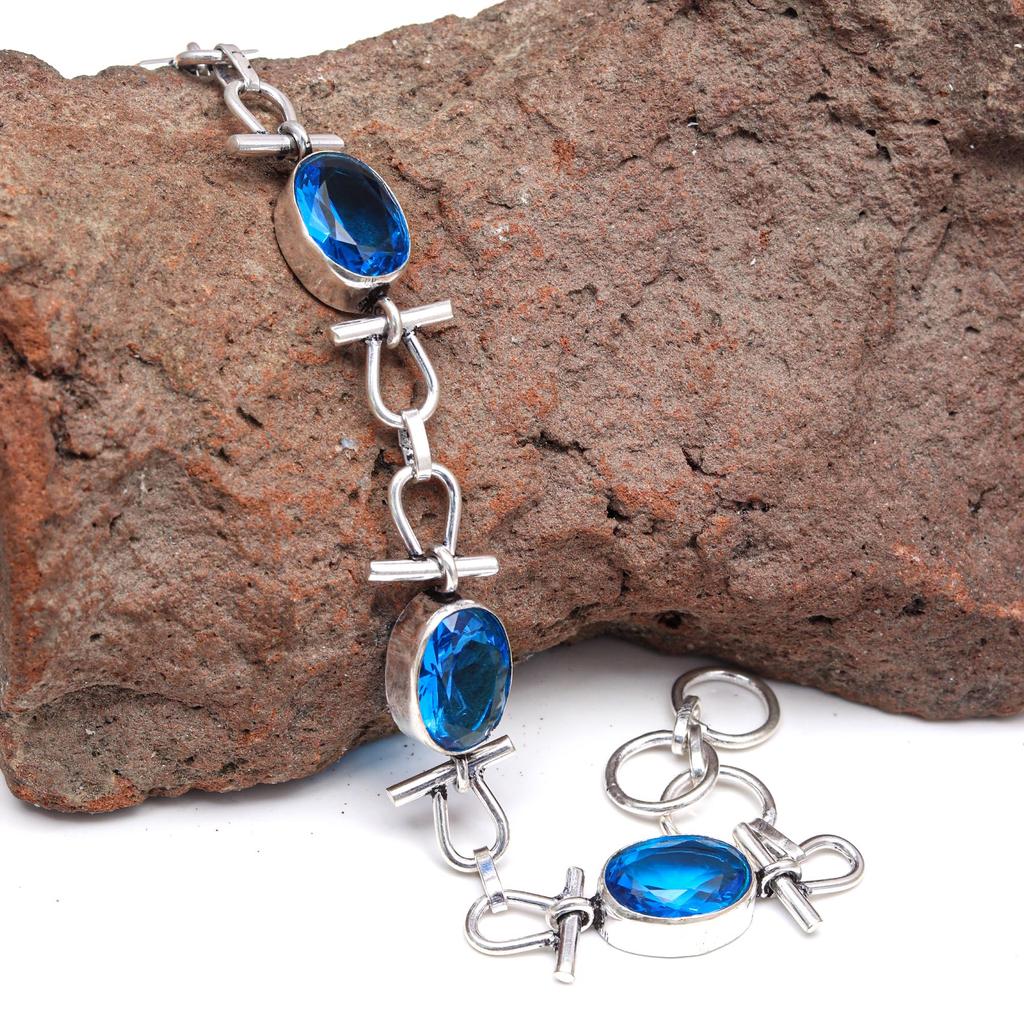 London Blue Topas Sterling Armbånd Edelstein Håndlaget 7-8" Smykker