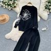 Herbst Winter Damen Blumenstickerei Strickpullover Hose Zweiteiler Langarm Pullover Oberteile und Weitbein Hose Trainingsanzug