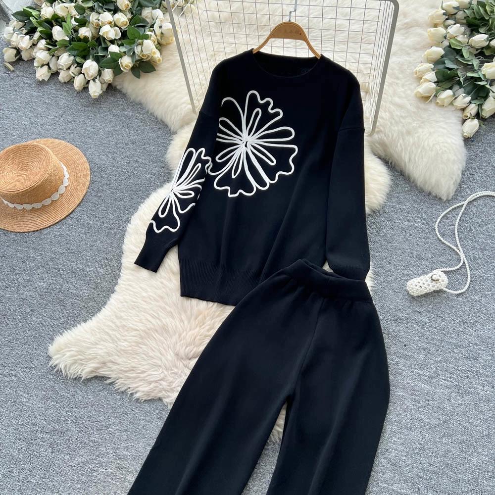 Herbst Winter Damen Blumenstickerei Strickpullover Hose Zweiteiler Langarm Pullover Oberteile und Weitbein Hose Trainingsanzug