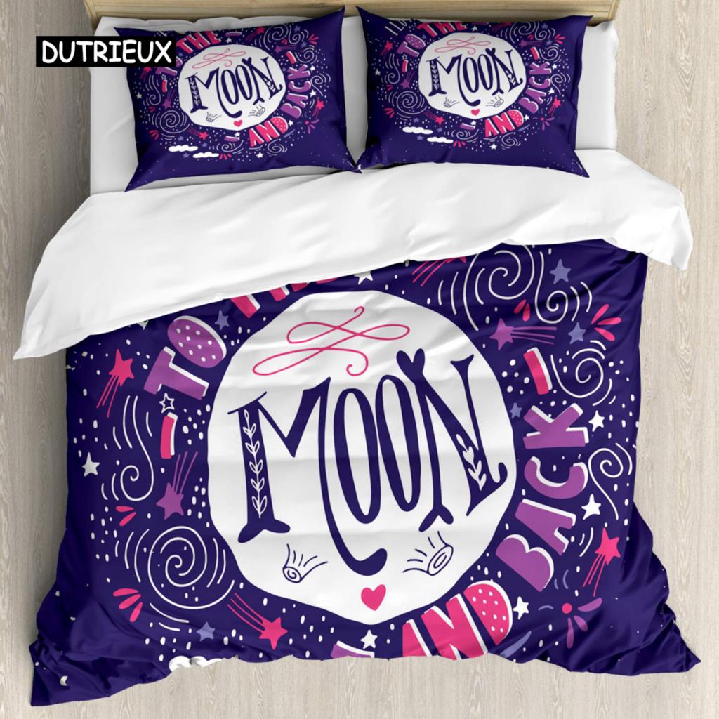 I Love You Duvet Cover Hand Drawn I Love You To The Moon and Back Words with Stars Celebration King Size Polyester Bedding Set