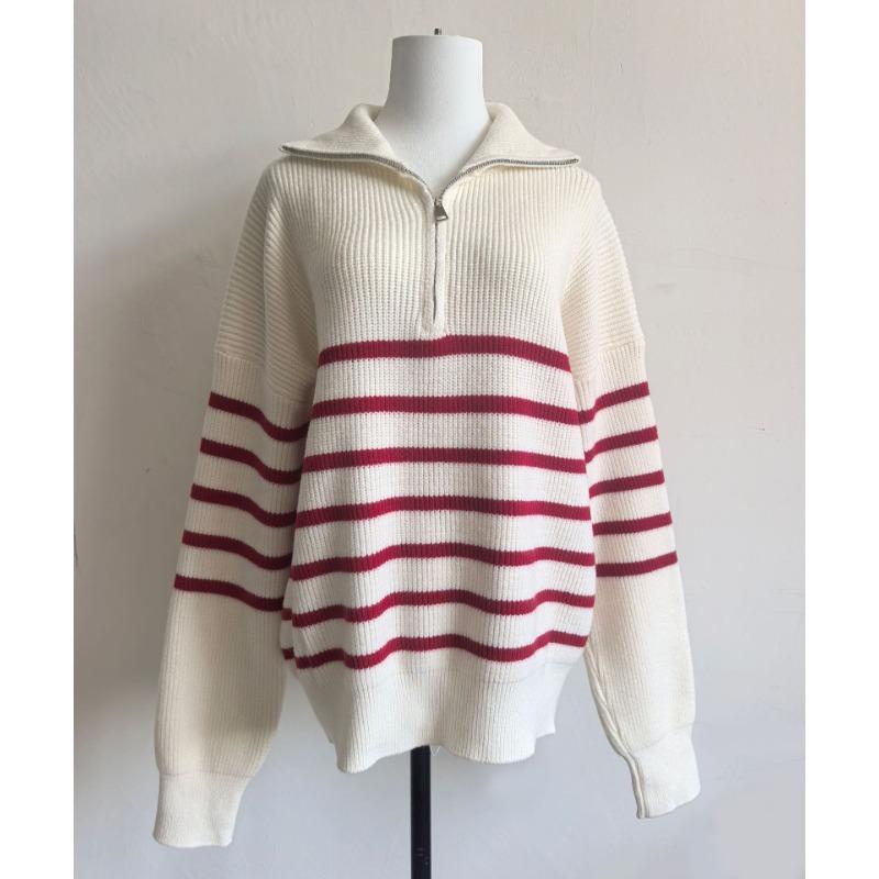 Vintage Striped Loose Commuter Half Zipper Lapel Pullover Sweater Autumn and Winter Women's New Knitted Sweater
