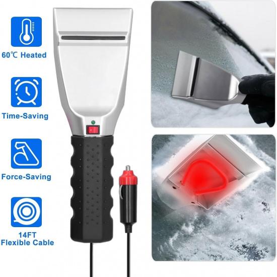 Auto Heated Ice Scraper Snow Shovel Plastic Metal 12V 18W 60°C 110.24in 3 Min Fast Heat Electric Windshield for Cars Trucks SUV