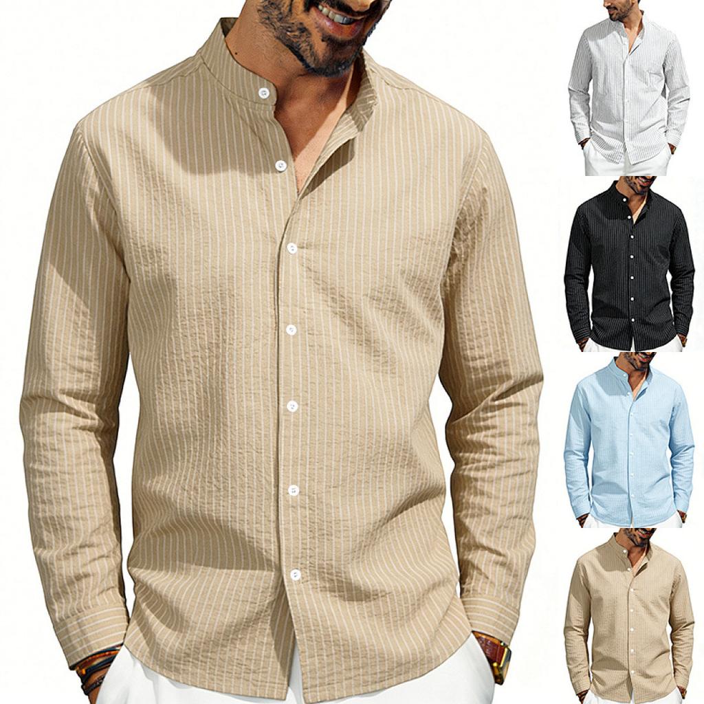 Men Casual Business Loose Stand Collar Long Sleeve Vertical Stripe Shirt