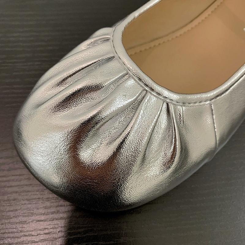 

Чжикэ~ Легкие туфли Мэри Джейн серебристого цвета с бантом, фееричный темперамент, фееричные плиссированные, из натуральной мягкой кожи, туфли бабушки, балетки на плоской подошве 35