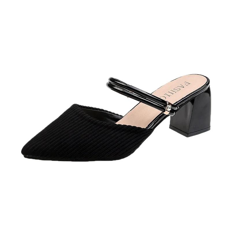 Fashion Summer New Women Pointed Toe Fashion Two-wear Comfortable Sandals Female Thick Heel Sexy Elegant Slippers Ladies Slides Shoes
