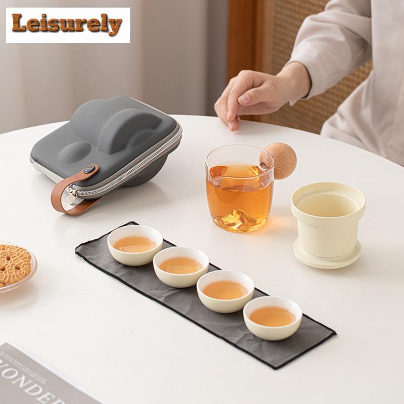 Zen Black Pottery Portable Travel Tea Set Kit Ancient 1 Pot 4 Cups Household Tea Brewing Camping Tote Bag Chinese Tea Set Craft