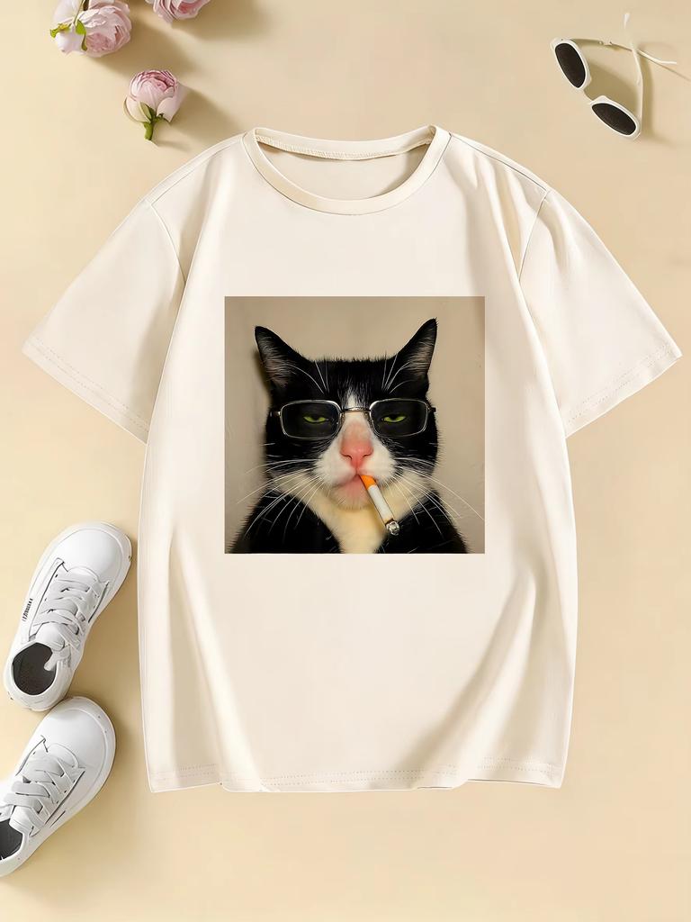 Fashion Retro Vintage Smoking Cat Design Print T Shirts pure cotton Unisex WomenTshirt Casual 2026 Summer Spring Casual Top Tee