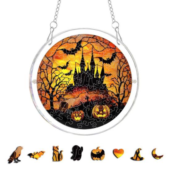 Yousheng Acrylic Puzzle Suncatcher, Halloween Black Cat Castle Raven DIY Sun Catcher Kit, Stained Glass Window Hanging Ornament for Home, Garden