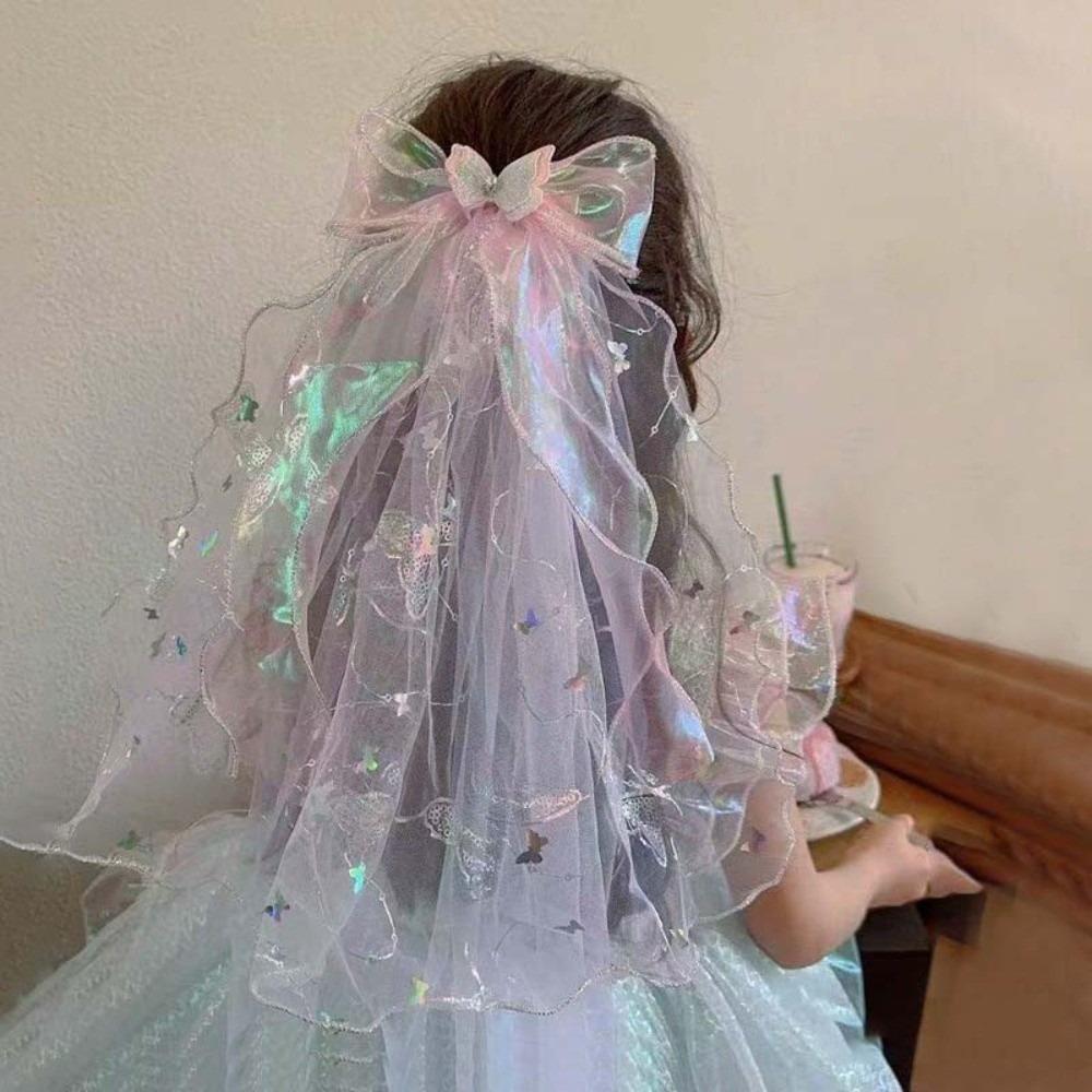 White Girls Head Gauze Bow Super Fairy Veil Fashion Colorful Flowing Tulle Birthday Headdress