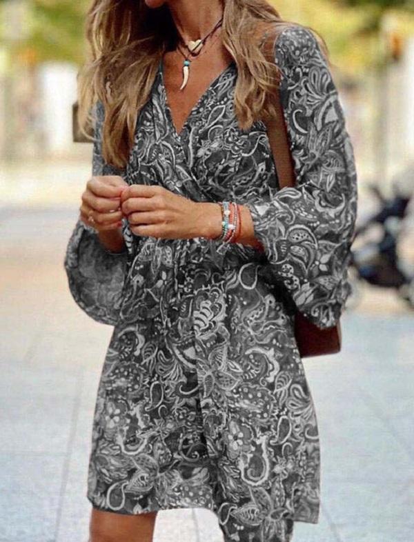 Abito boho casual estivo da donna con stampa floreale, maniche a sbuffo, vita alta, abiti da spiaggia midi