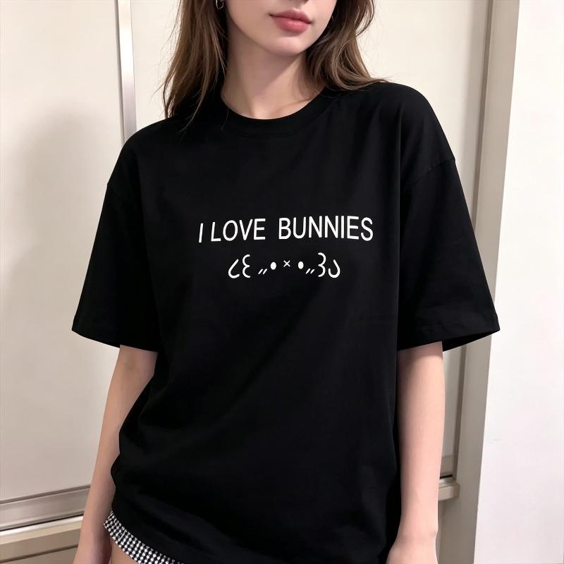 Pure Cotton Unisex White Tshirt I Love Bunnies Cute Face Text Print Oneck Loose Short Sleeve Kawaii Casual Daily Tee
