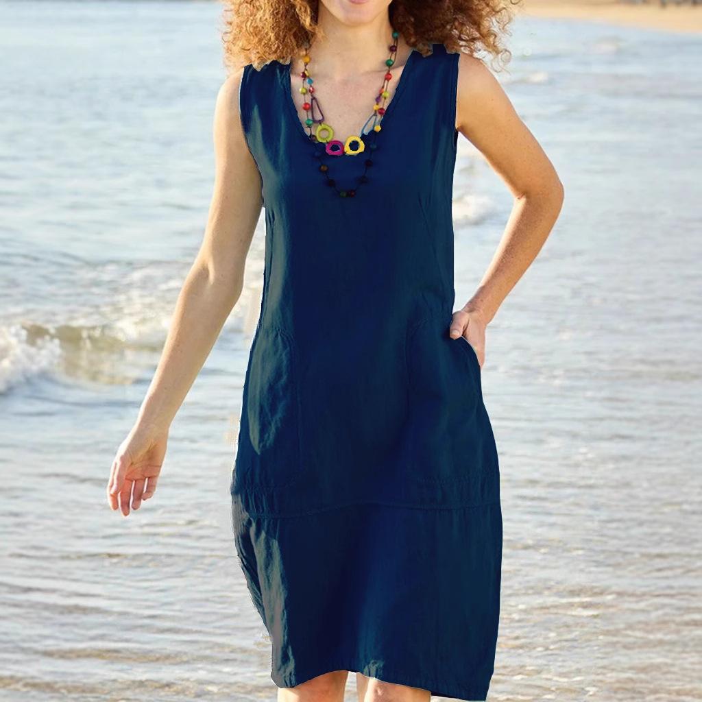 

GMXIA Женские платья из сетчатой ткани с коротким рукавом из хлопка и льна с U-образным вырезом и без рукавов с карманами Длинные платья XXL тёмно-синий