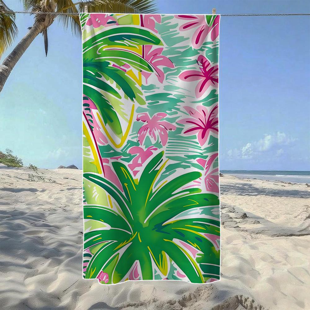 Palm Tree Silhouette & Floral Tropical Beach Towel, Soft Durable Quick-Drying, Ideal For Summer Beach, Swimming & Camping STJ-70X140cm