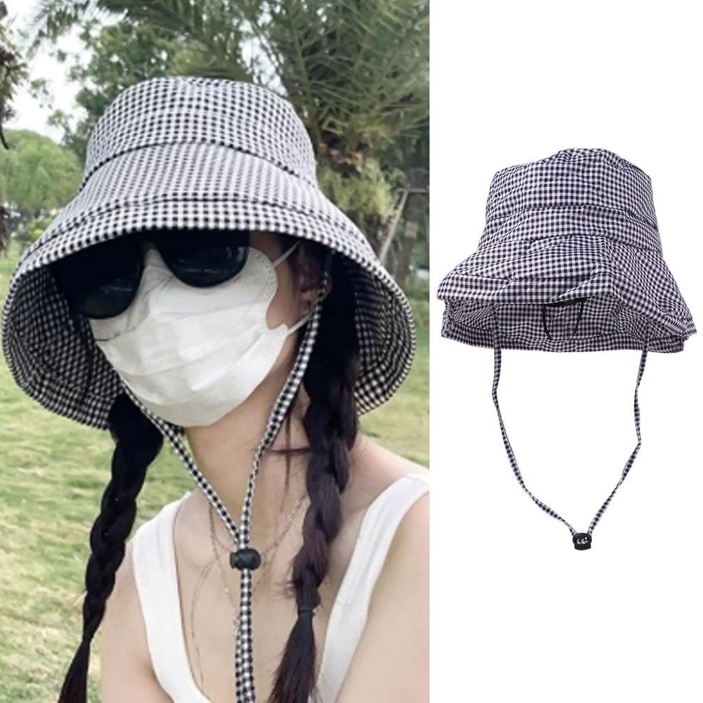 Casual Plaid Sun Hats Summer Fisherman Hat New Drawstring Bucket Hats  Outdoor