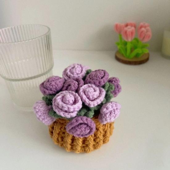 Yousheng Crochet Flowers Coaster Handmade Rose Coaster Potted Flowers Decorative Rose Bouquet Coaster with Basket Gift for Family Friends Flower