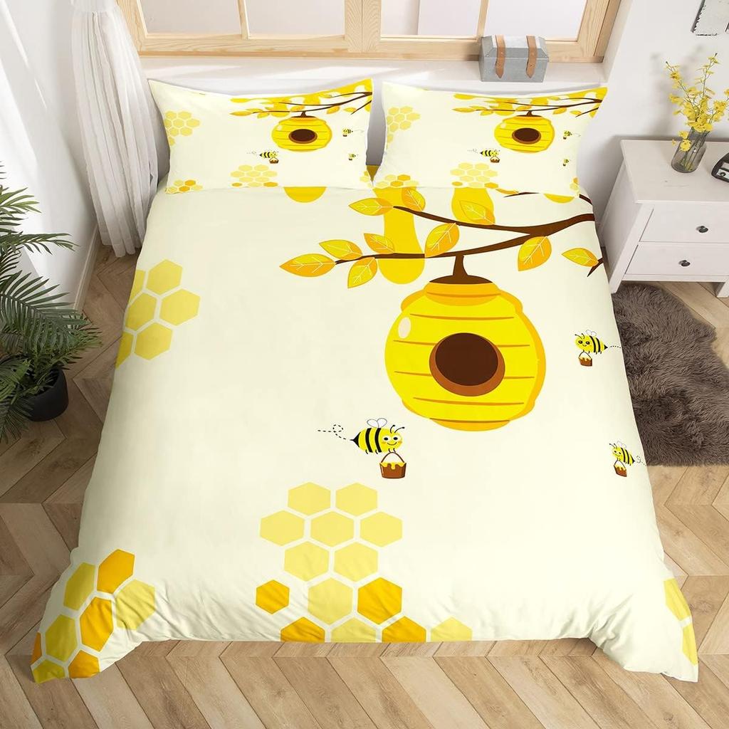 Cute Honeybee Duvet Cover Twin Queen Spring Garden Bedding Set Geometric Honeycomb Hexagon Comforter Cover Wild Animal Bed Set