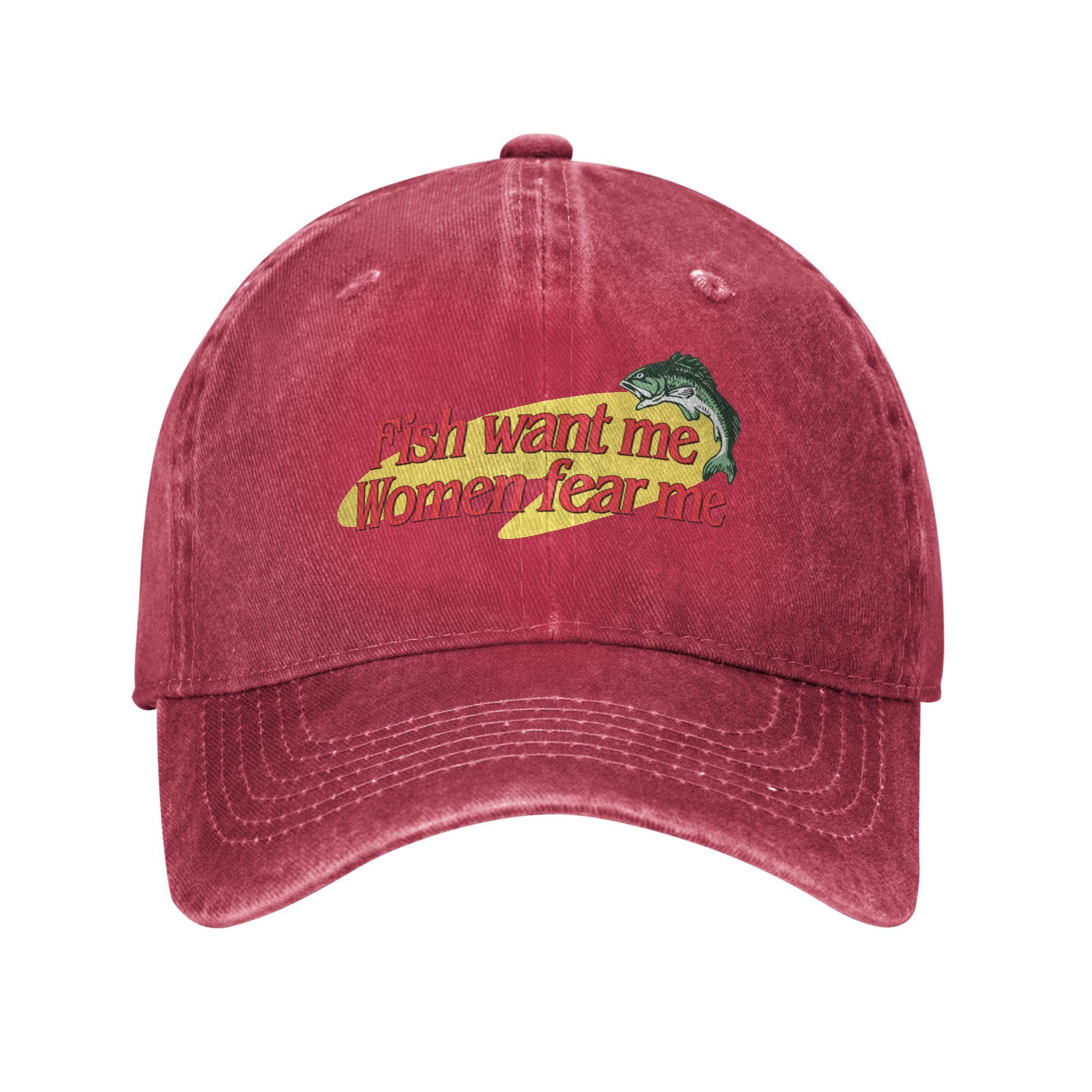 Fish Want Me Women Fear Me Light Vintage Baseball cap Portable Commuting Soft-Top Denim Hat One Size