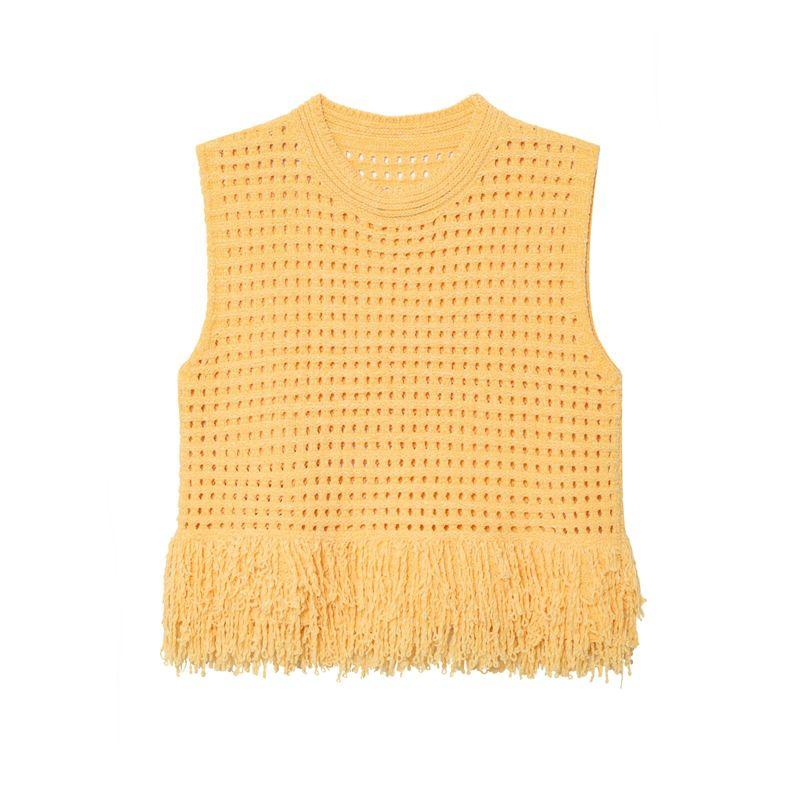 Araltay New Arrival Women's Clothing Fashion Style Fashion All-Match Simple Plaid Knitting Tassel round Neck Sleeveless Tops