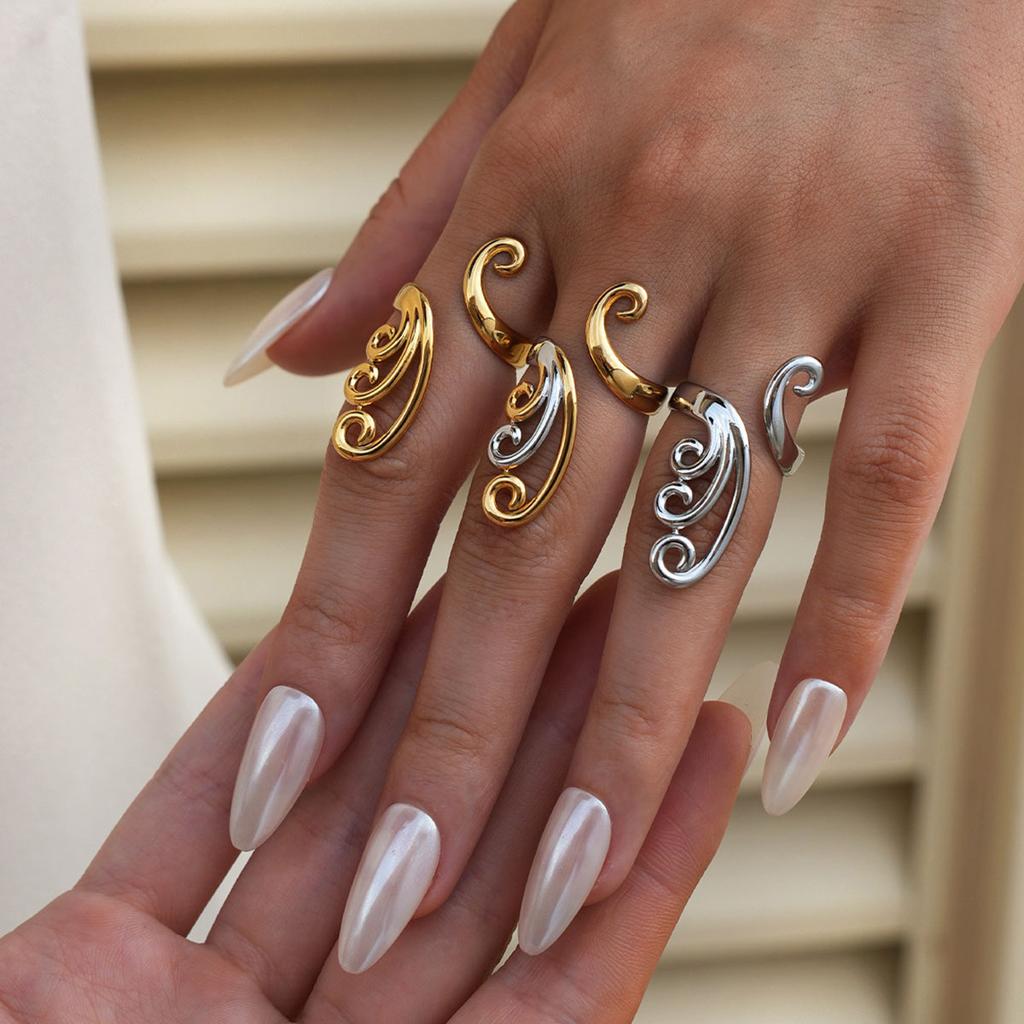 Stainless Steel Line Ring for Men Women Wave Design Adjustable Open Ring Exquisite Colorfast Couple Jewelry Accessories Gifts