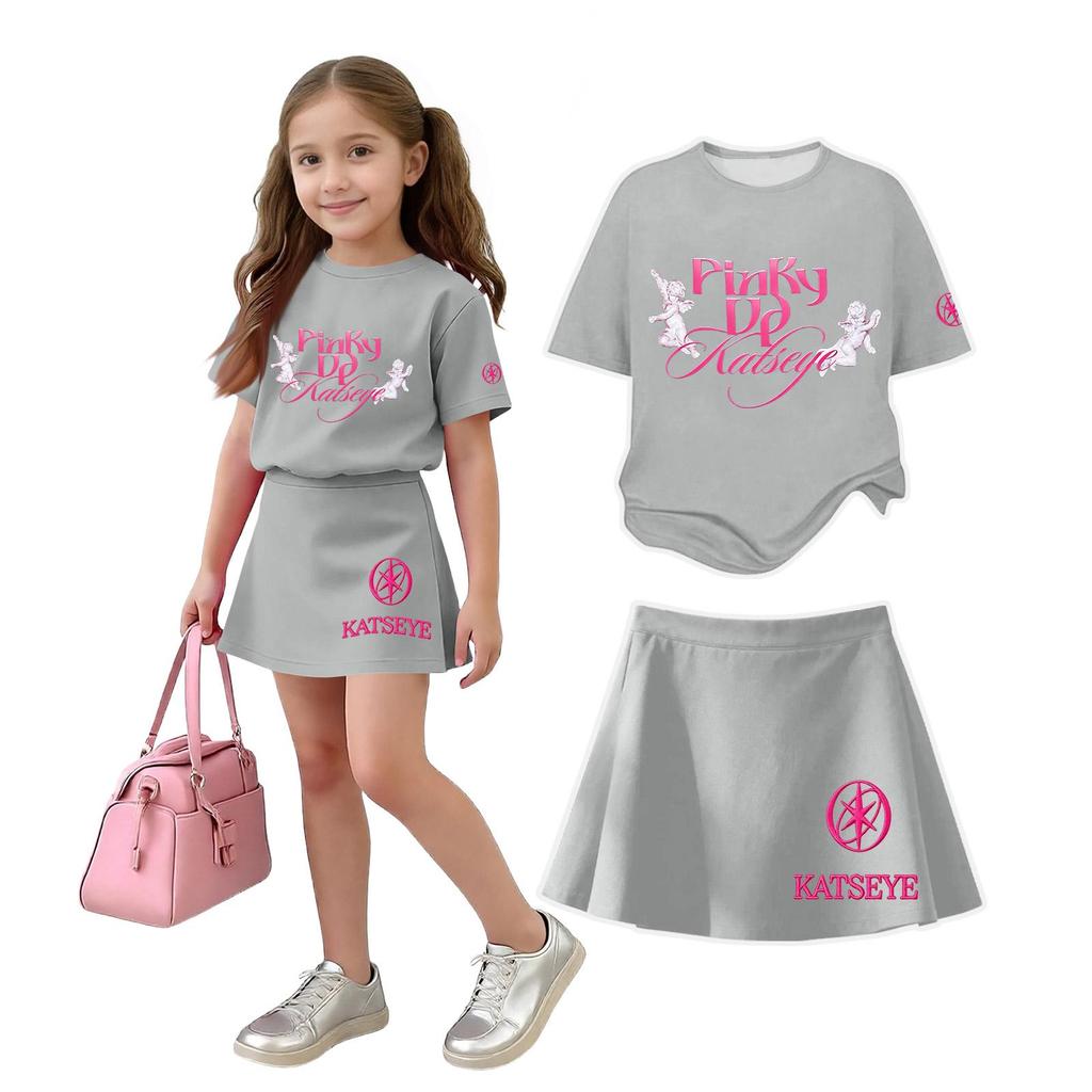 Girls Casual Two Piece Set Loose Fit Short Sleeve Crew Neck Top with Printed Design and Matching Skirt Comfortable Summer Outfit
