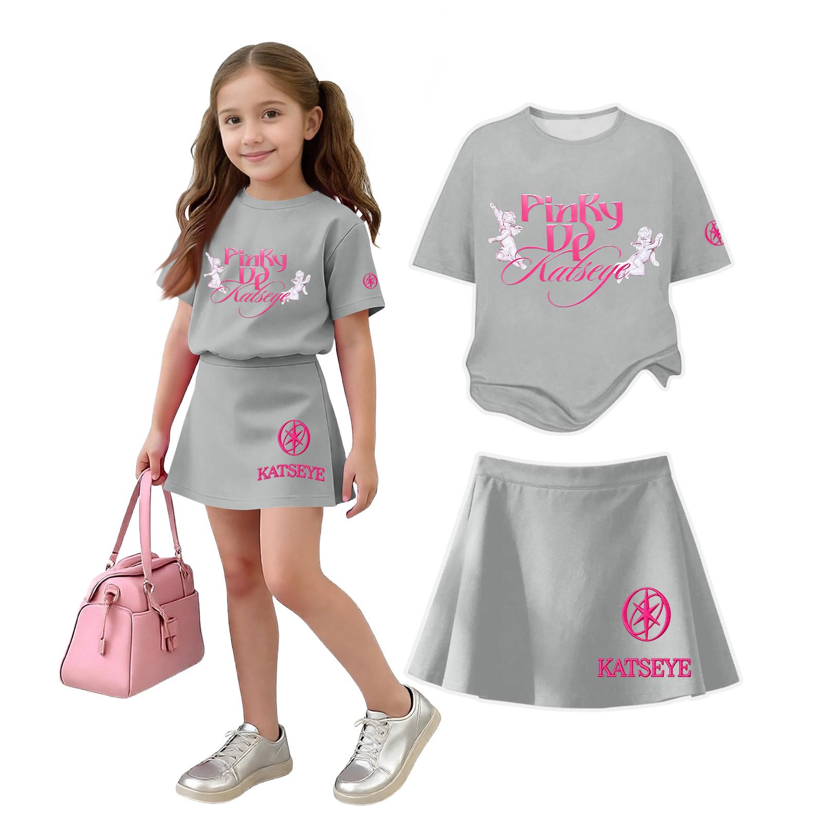 Girls Casual Two Piece Set Loose Fit Short Sleeve Crew Neck Top with Printed Design and Matching Skirt Comfortable Summer Outfit 120