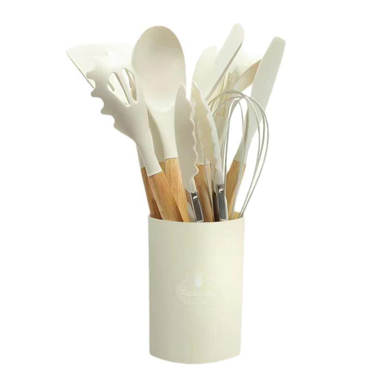 12-Piece Silicone Kitchenware Set: Non-Stick Cooking Tools with Wooden Handles In Barrel Packaging