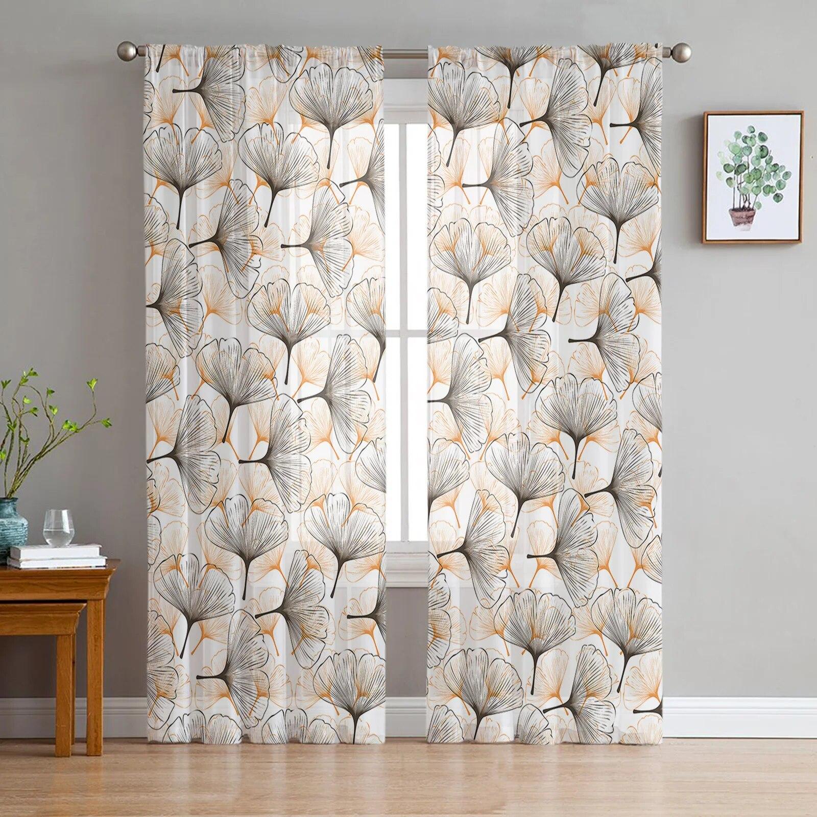 

Ginkgo Leaf Autumn Scenery Tulle Curtains Sheer Window Drapes Modern Living Room Bedroom Decor 135W x 114H(cm)