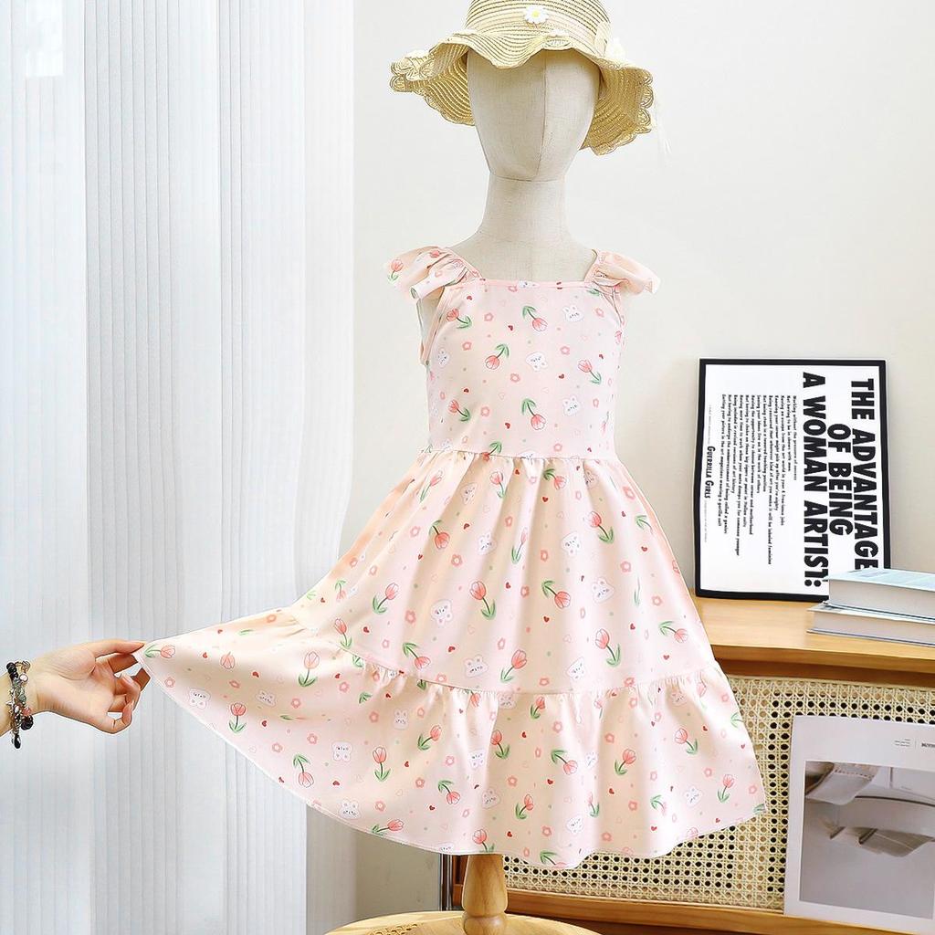 Girls' Floral Princess Dress - Fresh Mori Style with Thin Straps