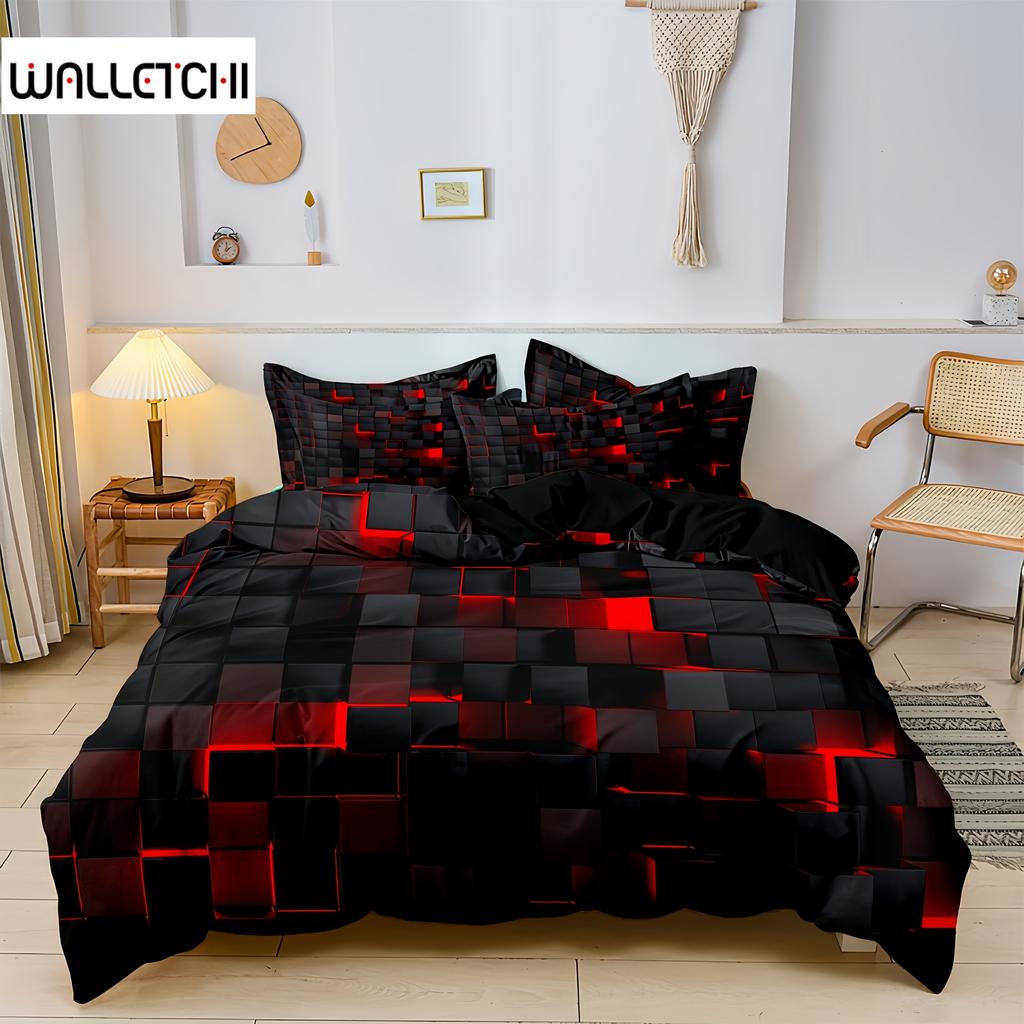 Modern Duvet Cover Set (1*Duvet Cover+2*Pillowcases) Fashion Red Grid 3D Bedding Set Soft Comfortable Duvet Cover For Bedroom