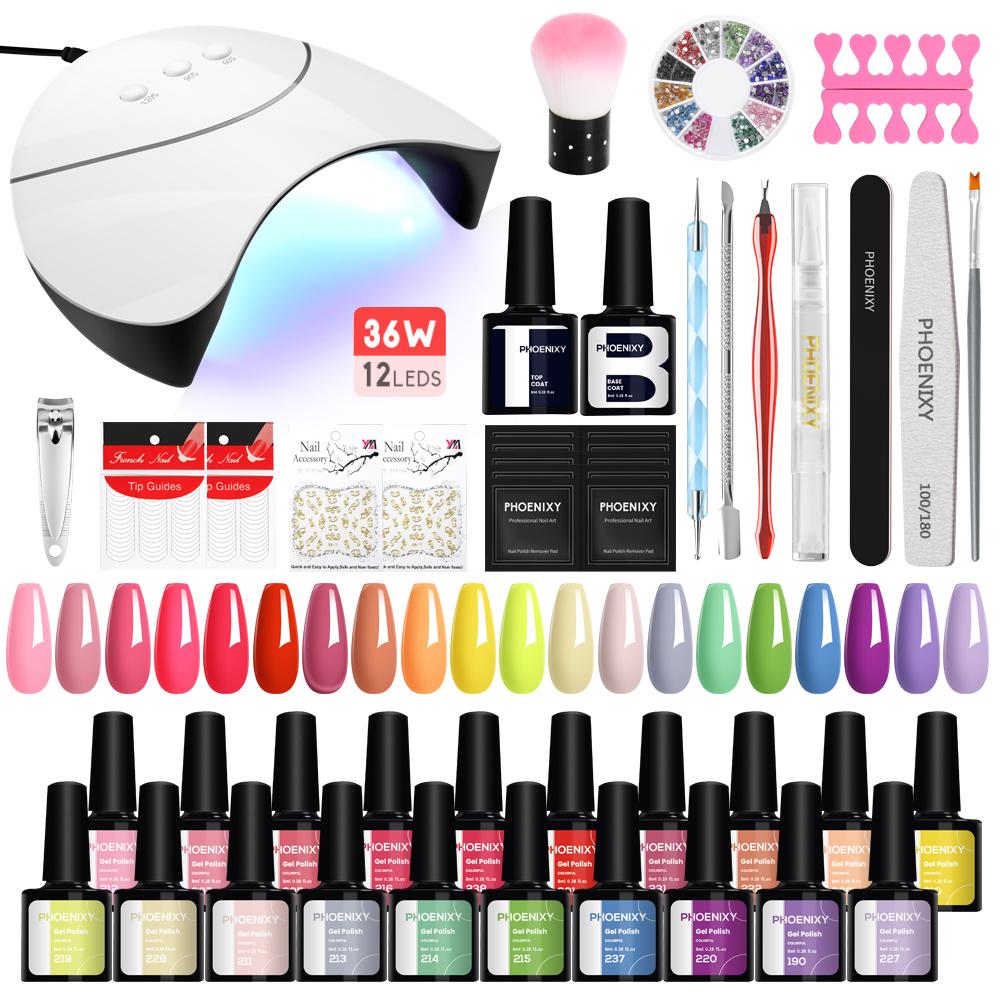 PHOENIXY 20pcs Gel Nail Polish Kit with UV Nail Lamp Top Base Coat Semi Permanent Varnish Manicure Set