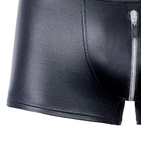 Men Panties Solid Color U Convex Open Crotch Zipper Underwear Faux Leather Good Stretch Briefs Underpants for Living Room