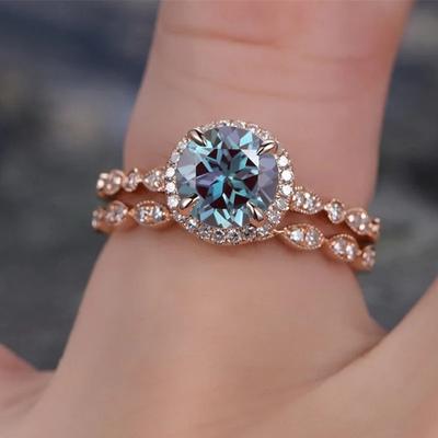 Huitan Luxury Trendy Ring Set for Women Round Blue Cubic Zirconia Chic Engagement Wedding Double Rings Fashion Female Zircon