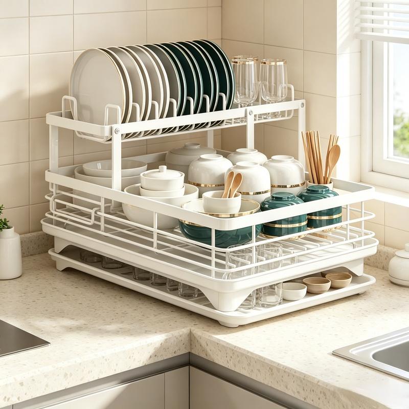 Extendable 1-Tier Metal Dish Drying Rack, Large Capacity Utensil Holder with Drain Board for Kitchen Counter