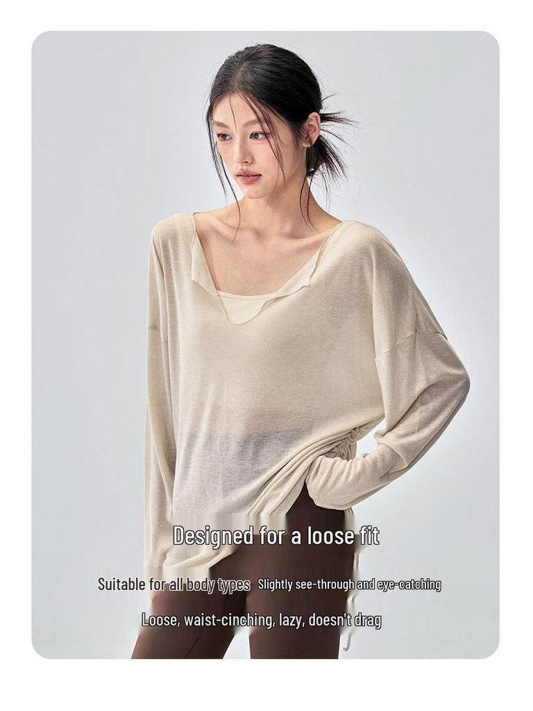 Women's Korean Style Long Sleeve V-neck Yoga Top - Loose, Breathable, Casual Sportswear