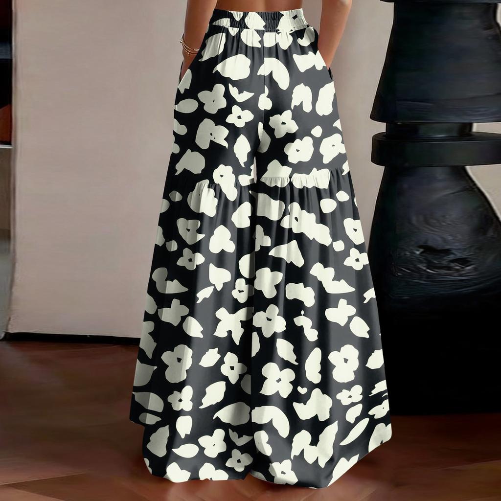 Women's High Waist Wide Leg Pants Loose Fit Lightweight Breathable Floral Print Casual Palazzo Trousers for Summer