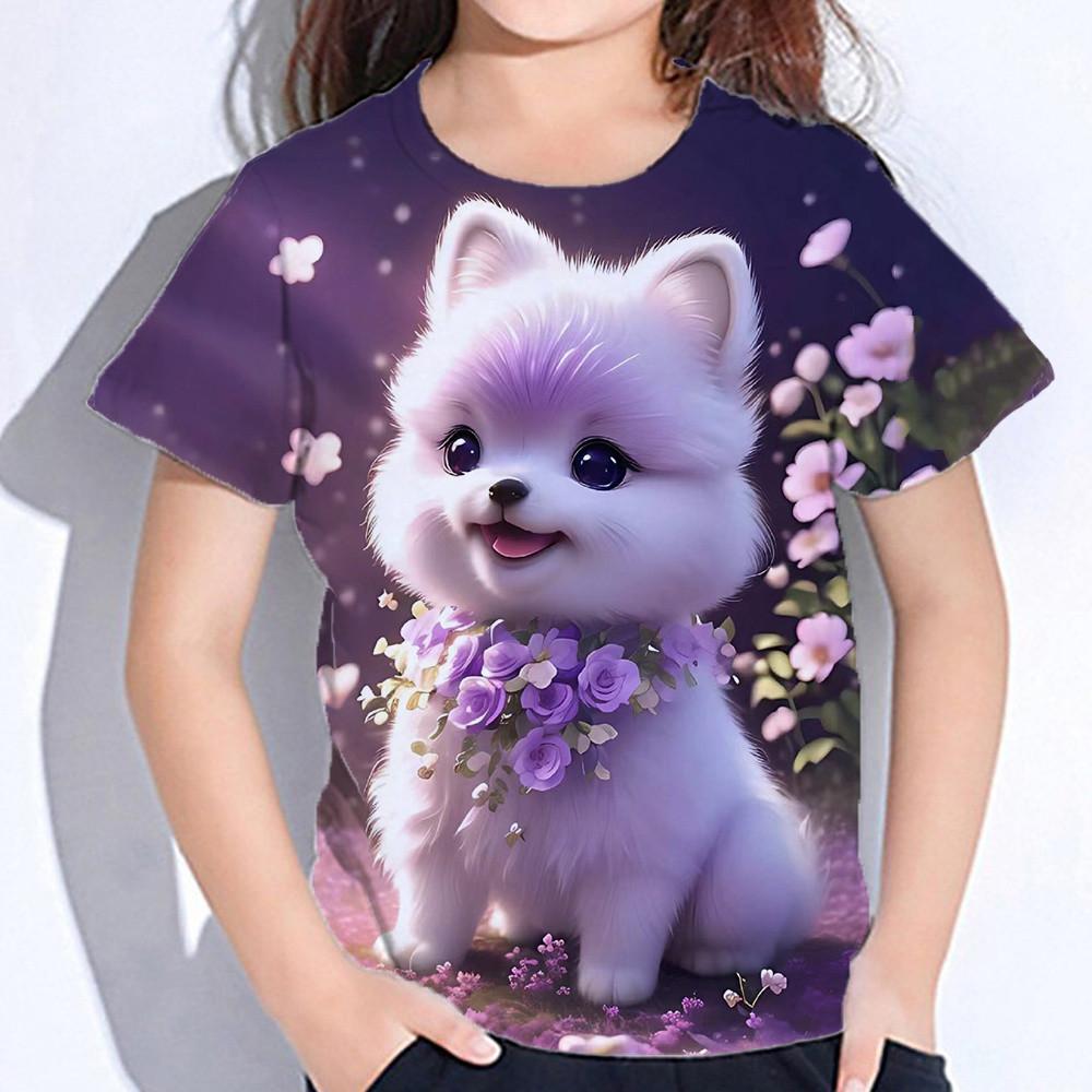 Toppar för barn Kortärmade sommarkatt T-shirts Flicka Barnkläder 3d-tryck T-shirts Koreanska Kawaii T-shirts Från 10-14 år