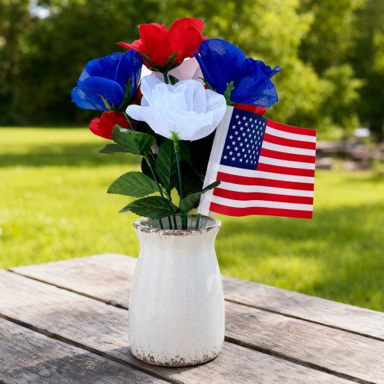 Yousheng Independence Day UV Resistant Faux Flowers, 4th of July Artificial Flower, 250th Anniversary Artificial Bouquet, Red White Blue Patriotic