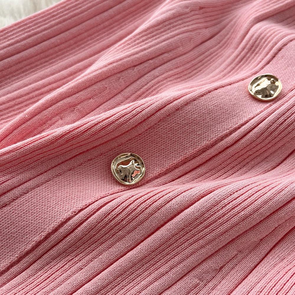 Summer Autumn Pink Button-Down Short Sleeve Short Knit Dress for Women Elegant Turn Down Collar Single-breasted Ruffles Slim Sweater Dresses