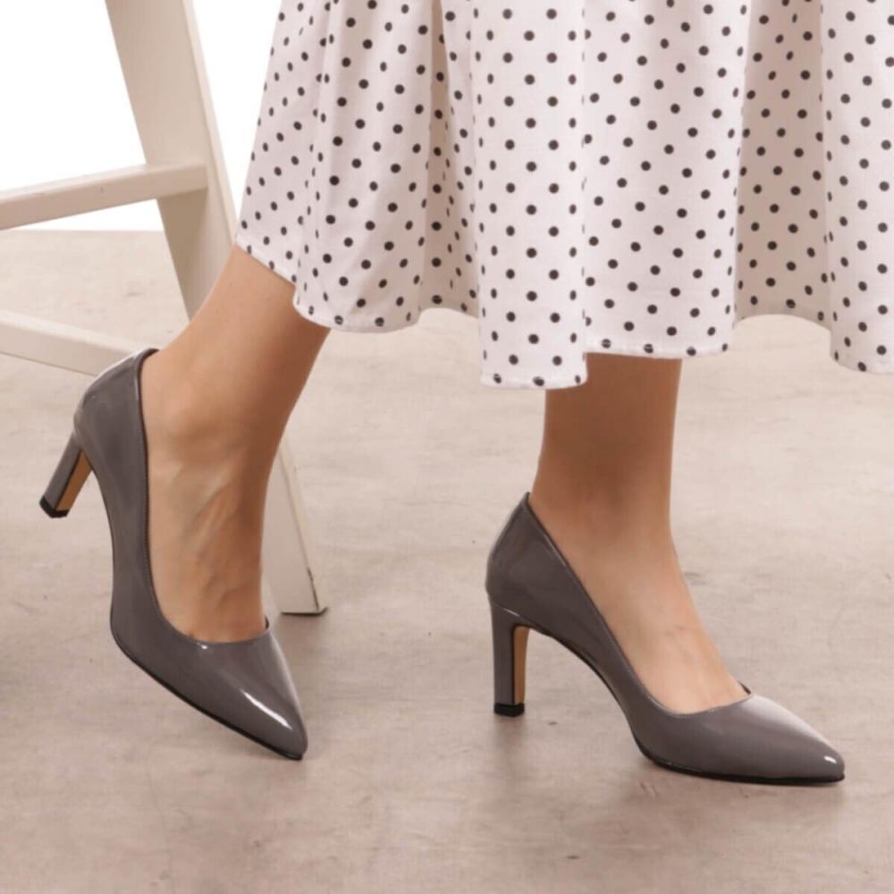 Women's Fashion Gray Patent Leather Heeled Shoes