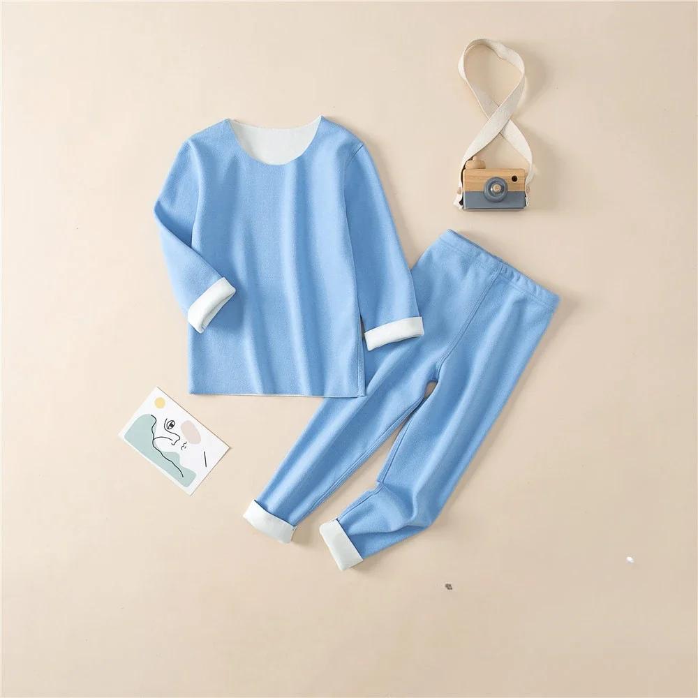 

Комплект термобелья для детей, мягкая, удобная зимняя одежда для мальчиков и девочек, толстый флис, теплая, бесшовная детская домашняя одежда, кальсоны 100cm синий