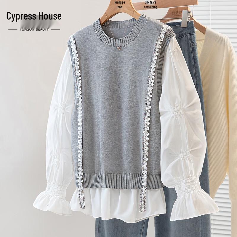 

Women s Faux Two-Piece Round Neck Spliced Knit Top One Size