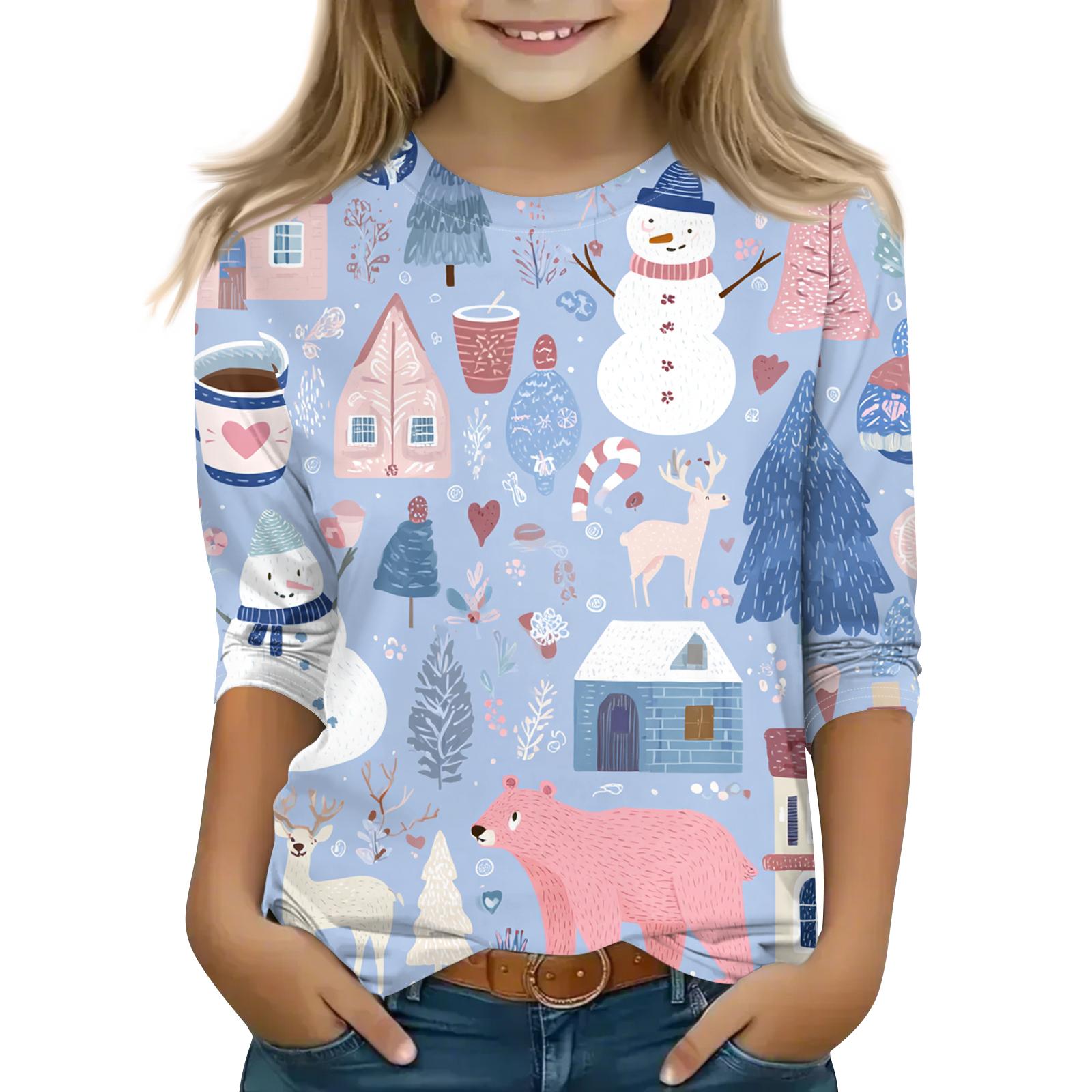

Children s 3/4 Sleeve Round Neck Top Christmas Tree Printed Everyday Casual Top 160 синий