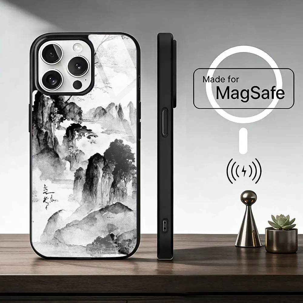Chinese l-landscape Phone Case For iPhone17,16,15,14,13,12,11 Plus,Pro Magnetic For Magsafe Wireless Charging