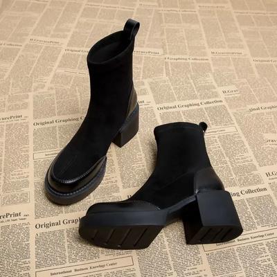 Maogu Schwarze Damen Kurzstiefeletten Socken-Schuhwerk Kampfstiefeletten Hohe Absätze Wildleder Absatz Herbststiefel Slipper für Damen