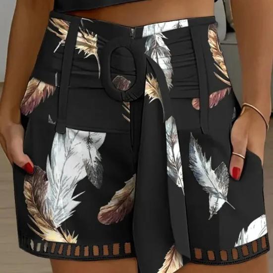 Women Summer Shorts Hollow Out Belted Adjustable Mid Waist Zipper Closure Side Pockets Print Straight Slim Fit Casual Daily Mini Shorts