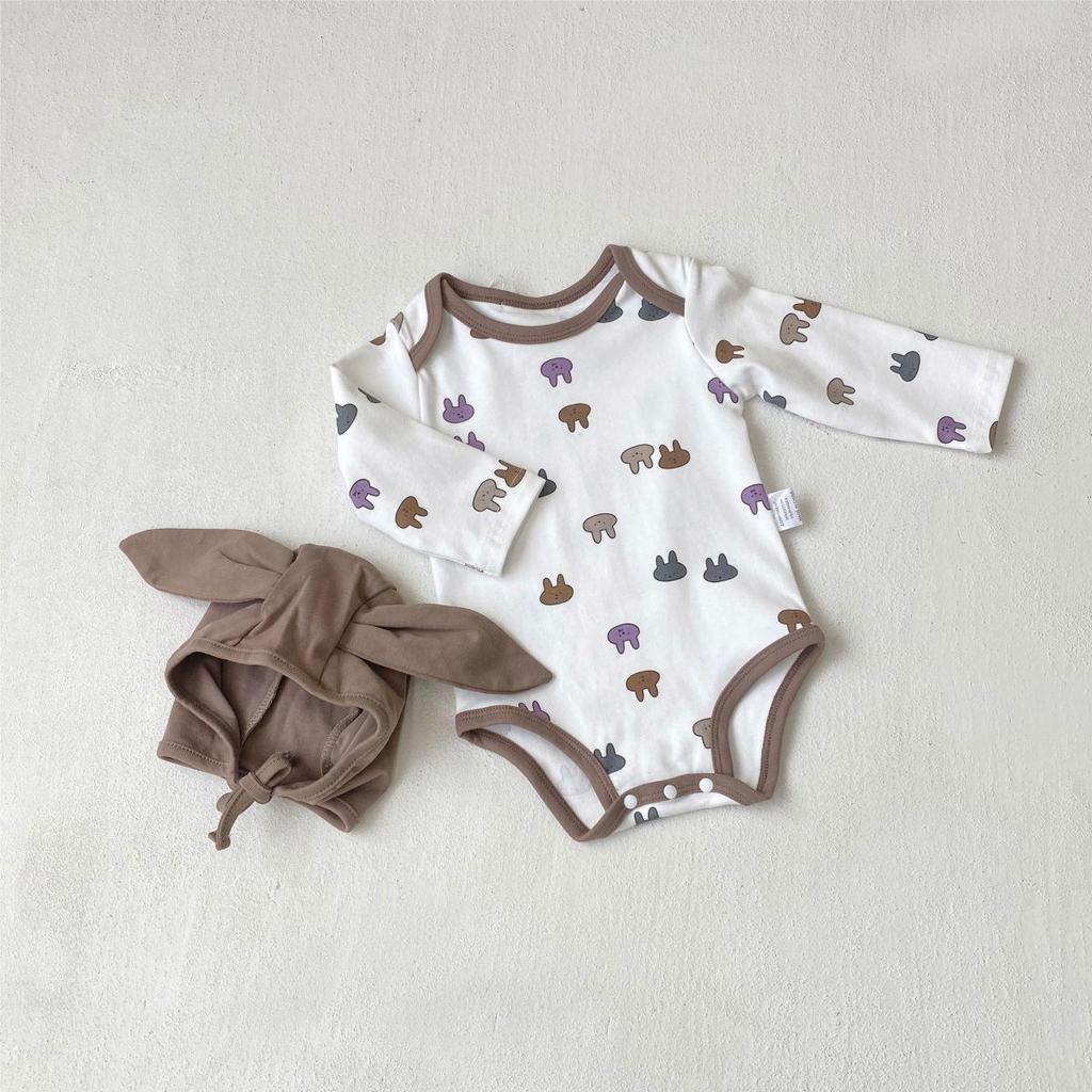 Korean Style Newborn Romper + Cartoon Bodysuit + Rabbit Ear Hat Set (Autumn/Winter)