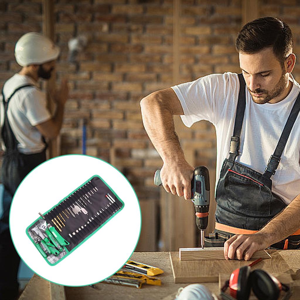 Roll Up Tool Bag with Transparent Zippered Mesh Pocket for Easy Storage and Drill Bit Screwdriver Bit Organization