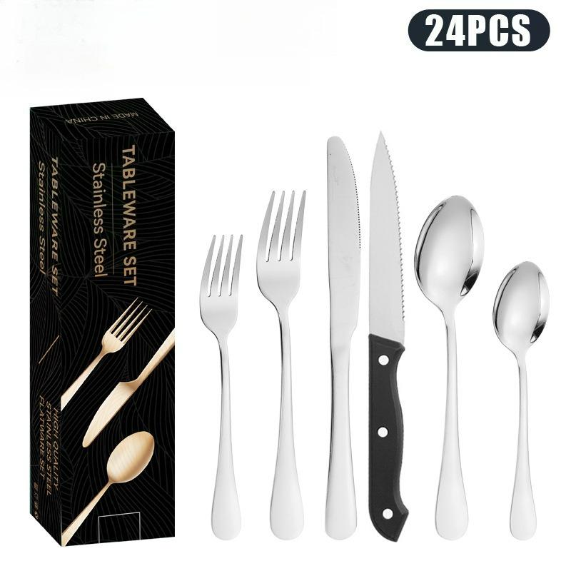 

Набор столовых приборов из нержавеющей стали, нож, вилка и ложка, 24 предмета, западный, для стейка, гостиничный, с титановым покрытием, черные нож, вилка и ложка серебряный