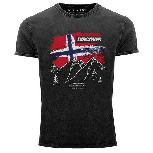 Mens Vintage Shirt Front Print Norway Flag Mountains Discover Print- 3XL