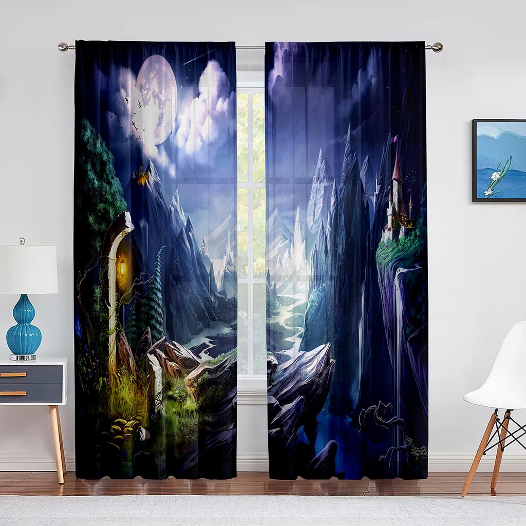 Schloss im Himmel, Fantasielandschaft, Tüll-Voile-Vorhang für Wohnzimmer, Schlafzimmer, Küche, Chiffon, durchsichtig, Fensterbehandlung, Dekorationen
